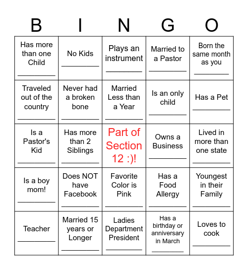 Get to Know Your Sister Bingo Card