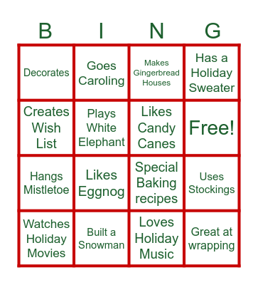 Holiday Season BINGO Card