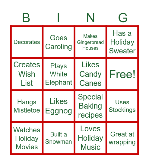 Holiday Season BINGO Card