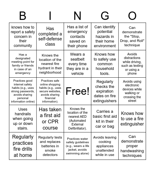 Safety BINGO Card