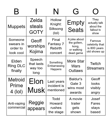 The Gamer Awards 2023 Bingo Card