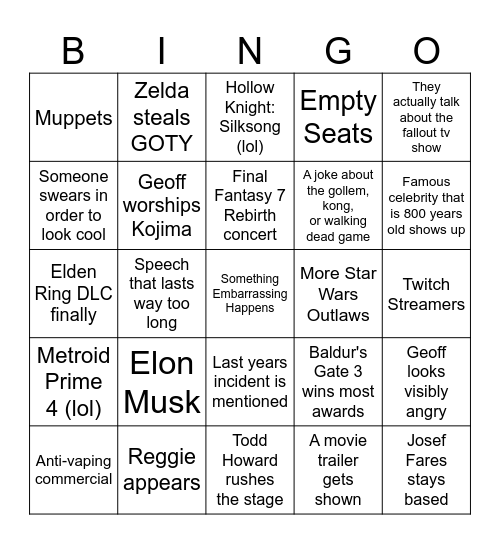 The Gamer Awards 2023 Bingo Card