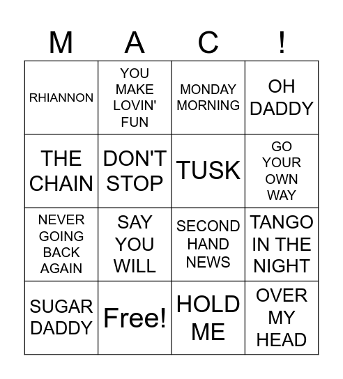 Fleetwood Bingo Card