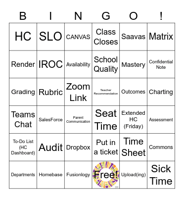 Fusion Staff Meeting Bingo Card
