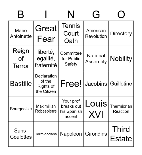 French Revolution Bingo Card