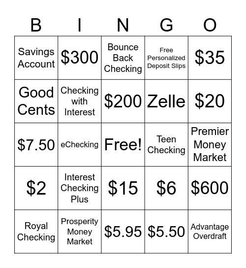 Personal Accounts Bingo Card