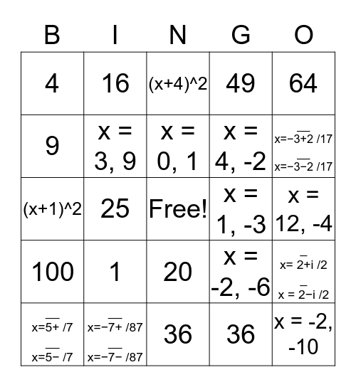 Completing the Square MATHO Bingo Card