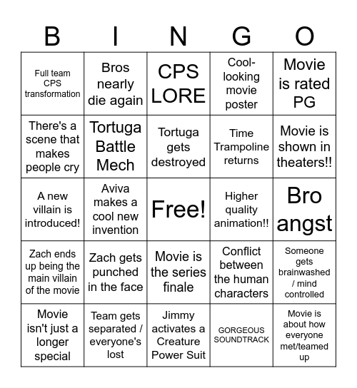 Wild Kratts Movie Bingo Card