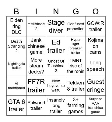 Game Awards Bingo Card