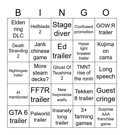 Game Awards Bingo Card