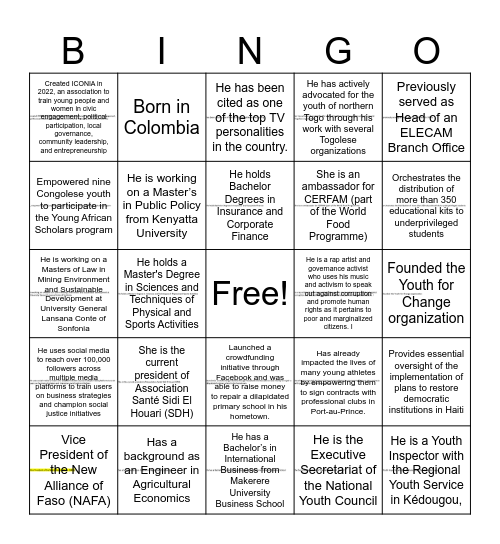 Youth and Civic Engagement Bingo Card