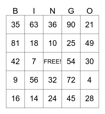Multiplication Bingo Card
