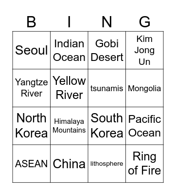 East Asia Bingo Card