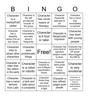 Maya Character Bingo Card