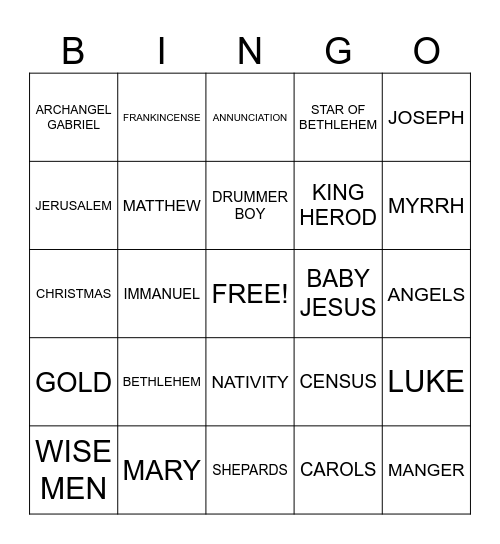 Nativity of Jesus Bingo Card