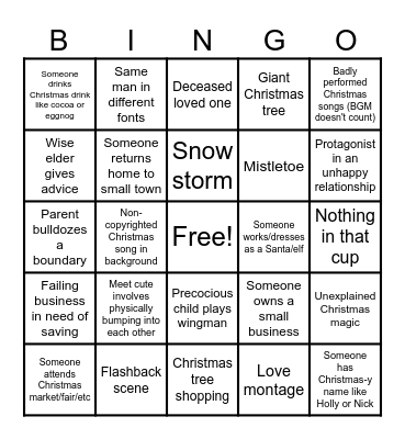 Christmas Romcom Bingo Card