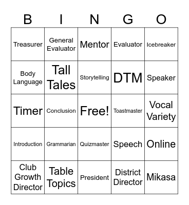 Mikasa Toastmasters Bingo Card