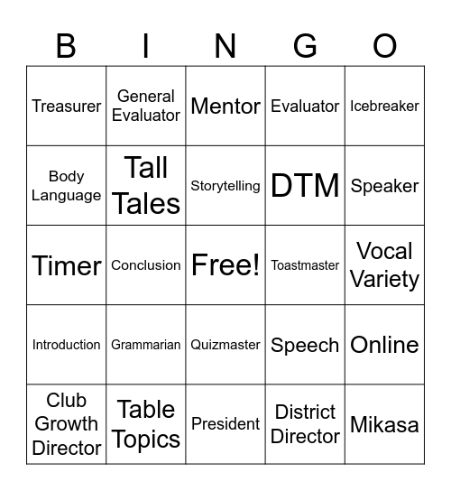 Mikasa Toastmasters Bingo Card