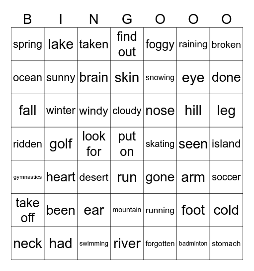 Verbs of the Bingo Card