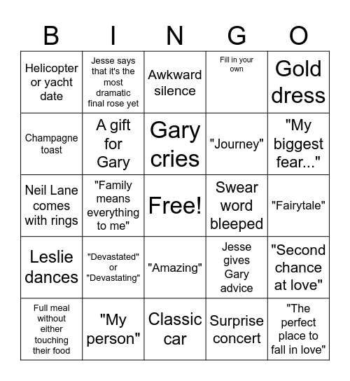 Golden Bachelor Final Rose Bingo Card