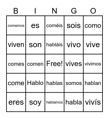 Spanish Conjugations Bingo Card
