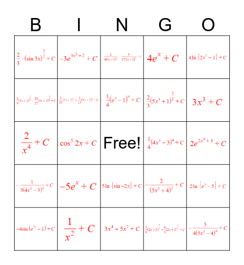 Let's Integrate! Bingo Card