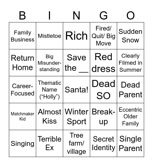 Holiday Movie Bingo Card