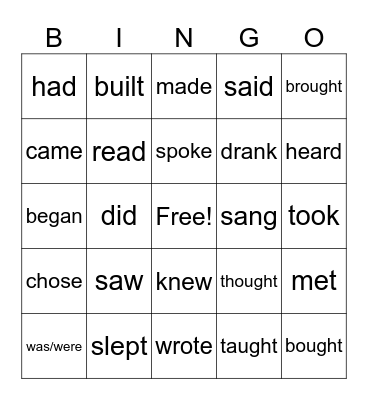 Irregular Verbs Bingo Card