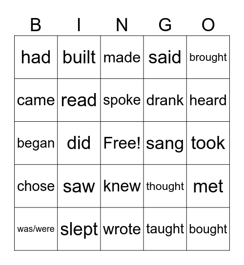 Irregular Verbs Bingo Card