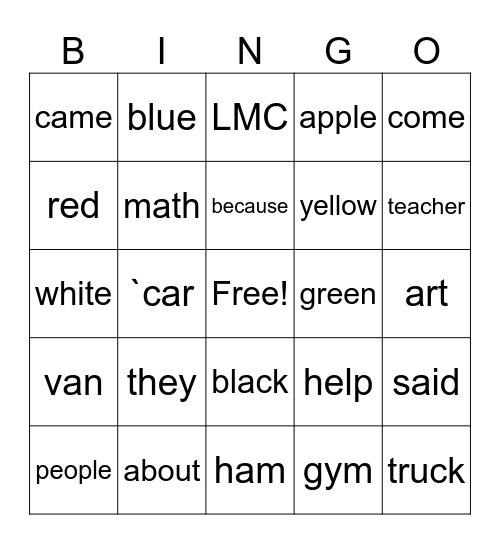 2nd grade Bingo Card