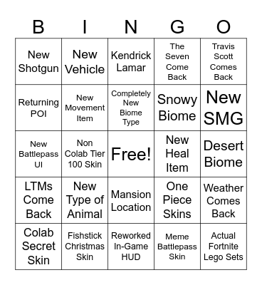 Fortnite Chapter 5 Bingo Card Bingo Card