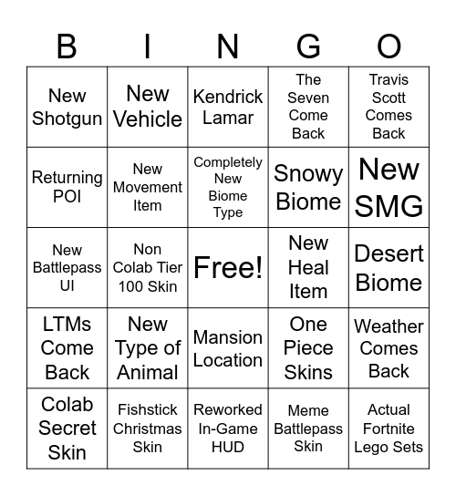 Fortnite Chapter 5 Bingo Card Bingo Card