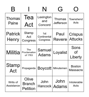 Road to Revolution Bingo Card