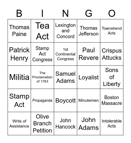 Road to Revolution Bingo Card