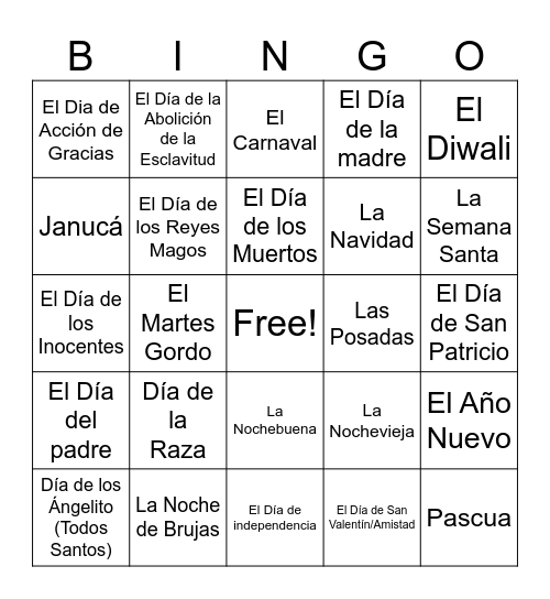 4B- Los días festivos Bingo Card