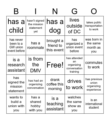 Get to Know Your Union Bingo Card