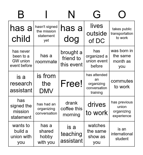 Get to Know Your Union Bingo Card
