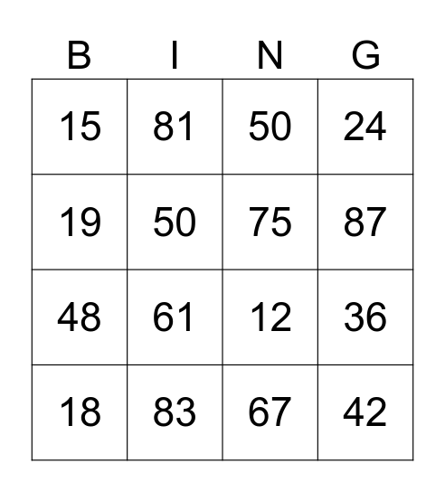Number Bingo 0-100 Bingo Card