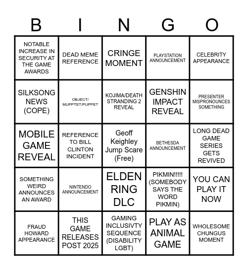 Gaming Award Show Bingo Card