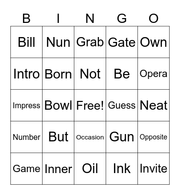 Word Bingo Card