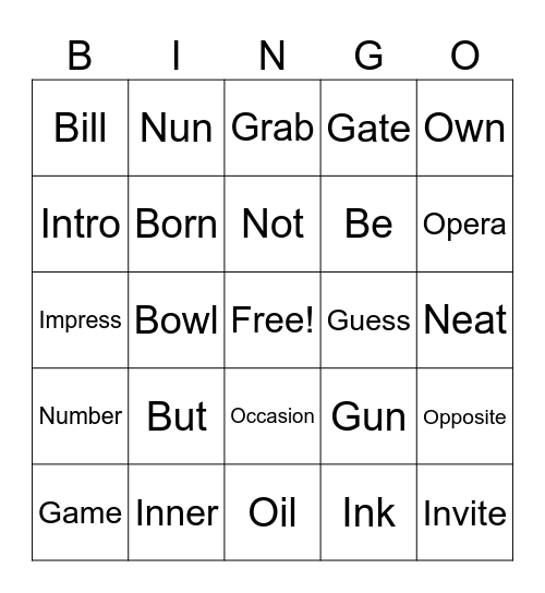 Word Bingo Card