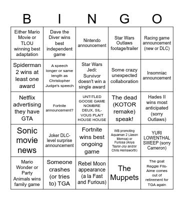 TGA Predictions 2023 Bingo Card