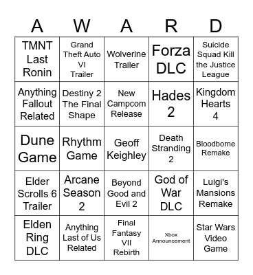 GAME AWARDS 2023 Bingo Card