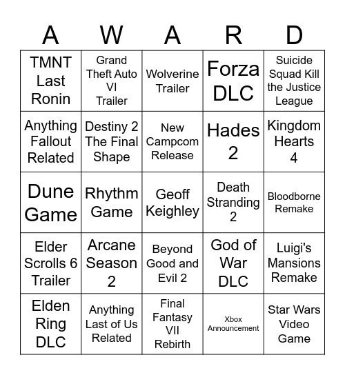 GAME AWARDS 2023 Bingo Card