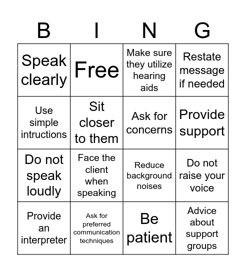 Deaf/Mute Population Nursing Considerations Bingo Card