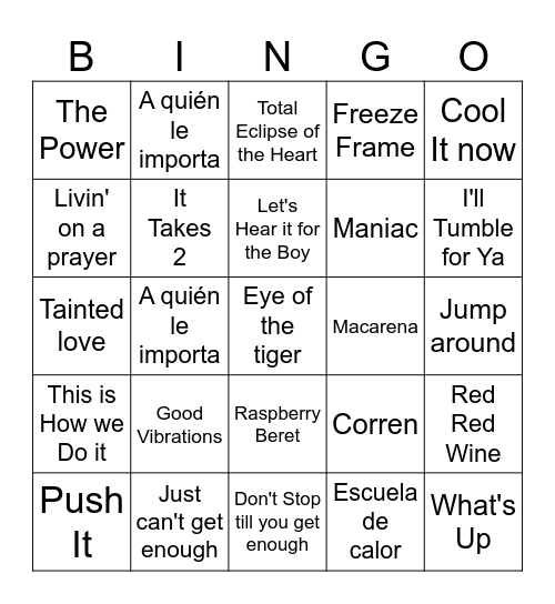 80's & 90's Music Bingo Card