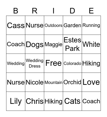 Bride Bingo Card