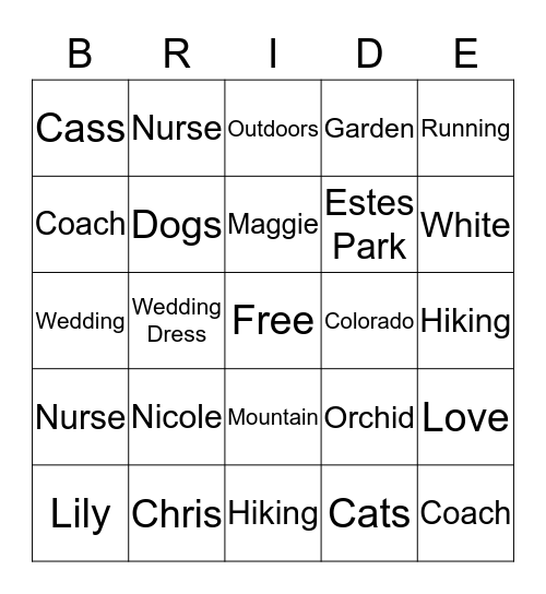 Bride Bingo Card