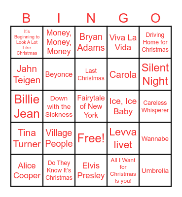 Julebord Music Bingo Card