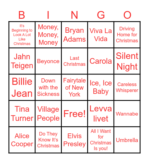 Julebord Music Bingo Card
